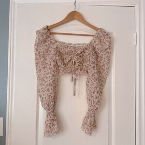 O. Vianca Floral Puff Sleeve Ruched Off The Shoulder Crop Top Size Large